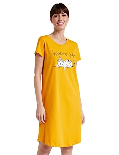 Amazon Brand - Eden & Ivy Women's Cotton Graphic Print Knee Length Night Gown (EI/SW/CMDR01_Yellow_L_Yellow_L)