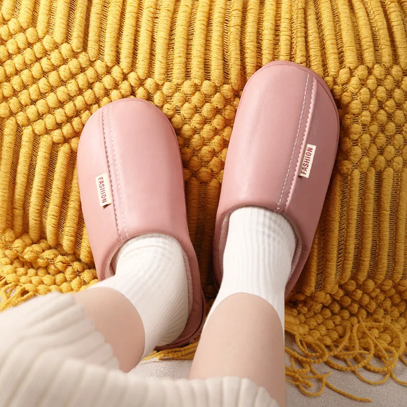 Autumn And Winter Leather Cotton Slippers For Female Couples Fashion Indoor Waterproof Cotton Slippers Home Pu Warm Anti-Slip Thickened Wool Slippers