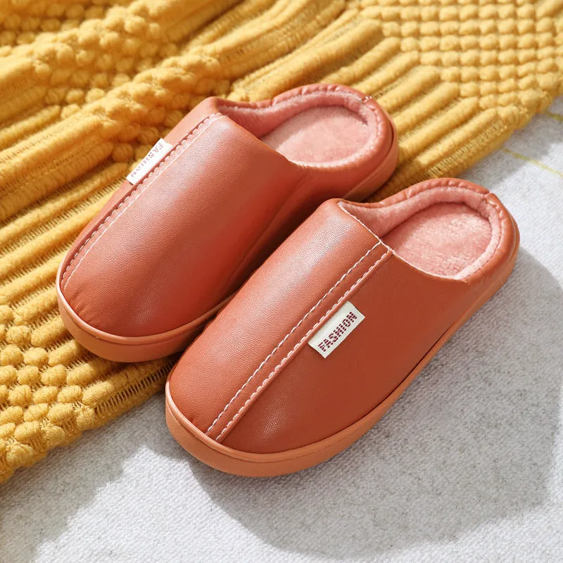 Autumn And Winter Leather Cotton Slippers For Female Couples Fashion Indoor Waterproof Cotton Slippers Home Pu Warm Anti-Slip Thickened Wool Slippers