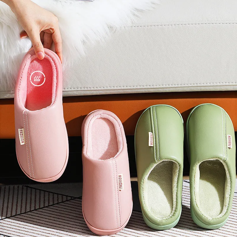 Autumn And Winter Leather Cotton Slippers For Female Couples Fashion Indoor Waterproof Cotton Slippers Home Pu Warm Anti-Slip Thickened Wool Slippers