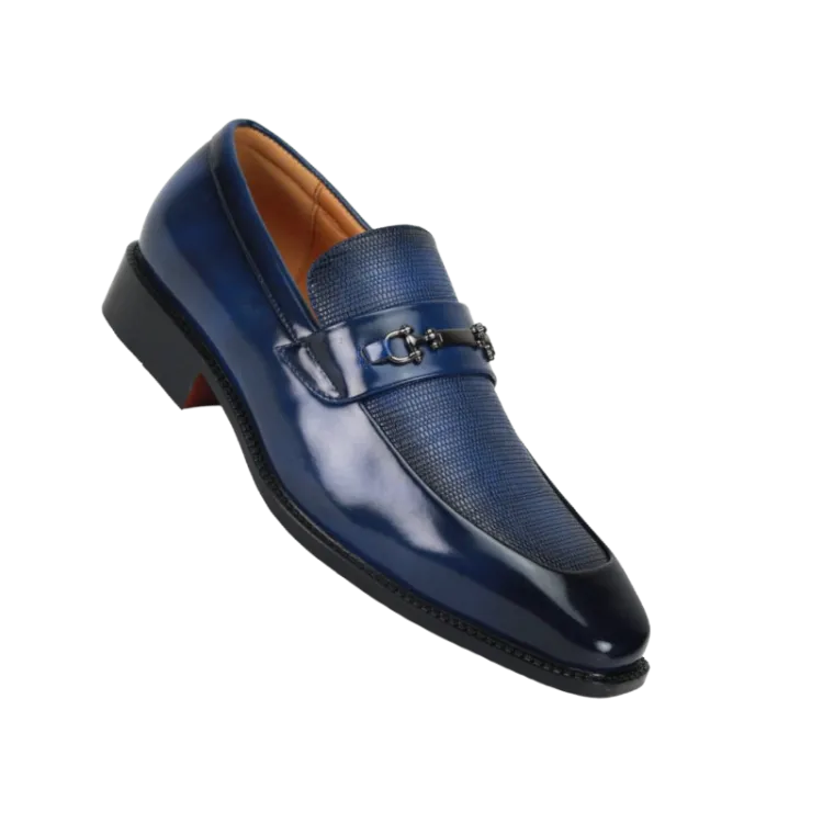 Blue men's Slip on dress shoes silver buckle