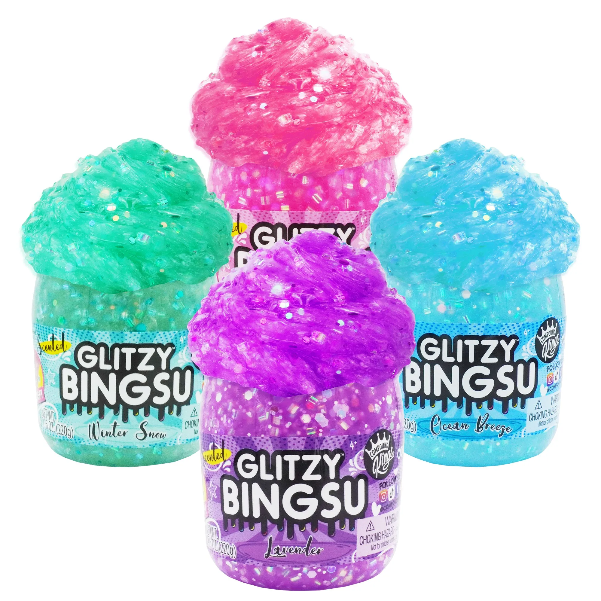 COMPOUND KINGS - 4 Pack Glitzy BINGSU Scented Fluffy Slime 3.25" Jars   - (Pink, Blue, Purple, Green)