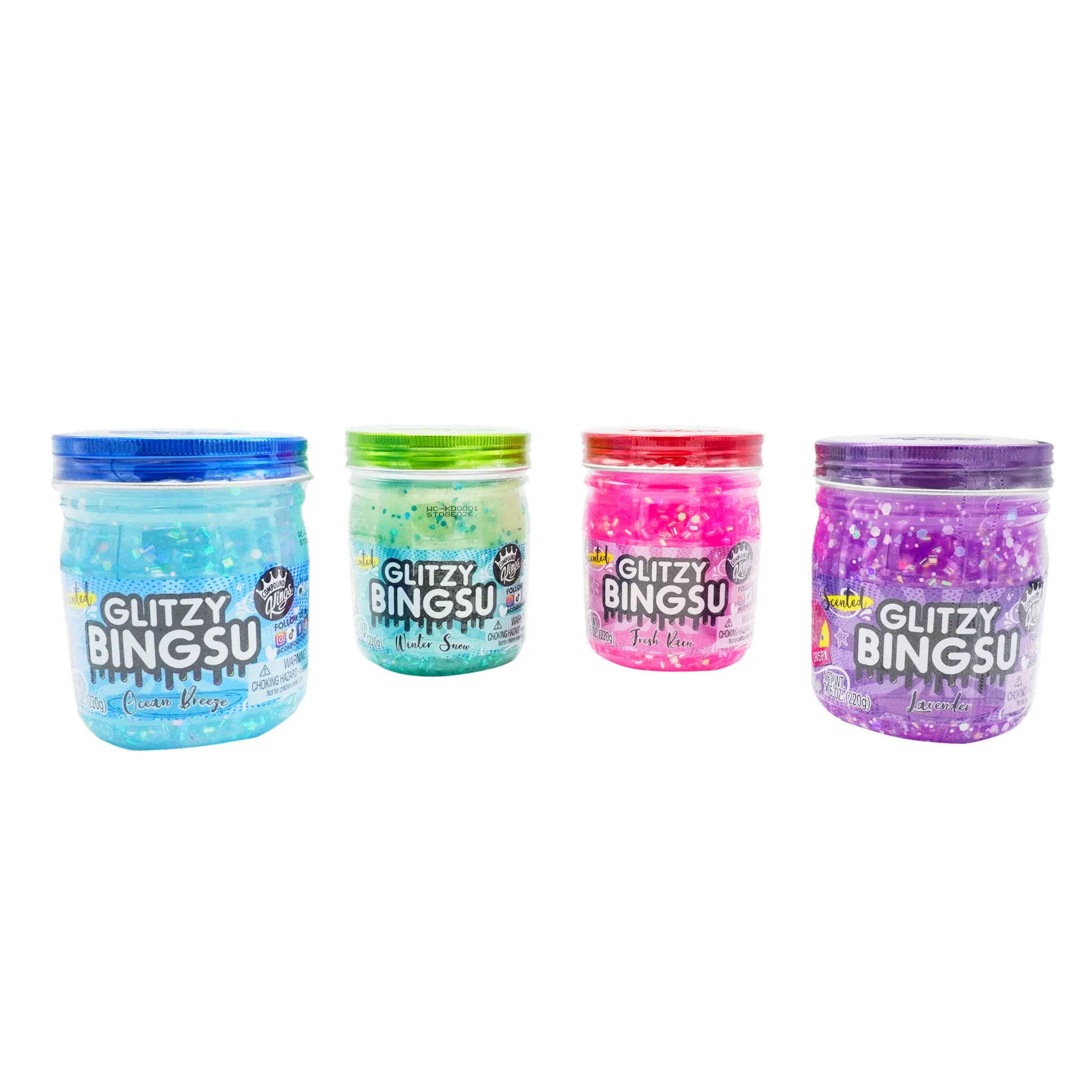 COMPOUND KINGS - 4 Pack Glitzy BINGSU Scented Fluffy Slime 3.25" Jars   - (Pink, Blue, Purple, Green)