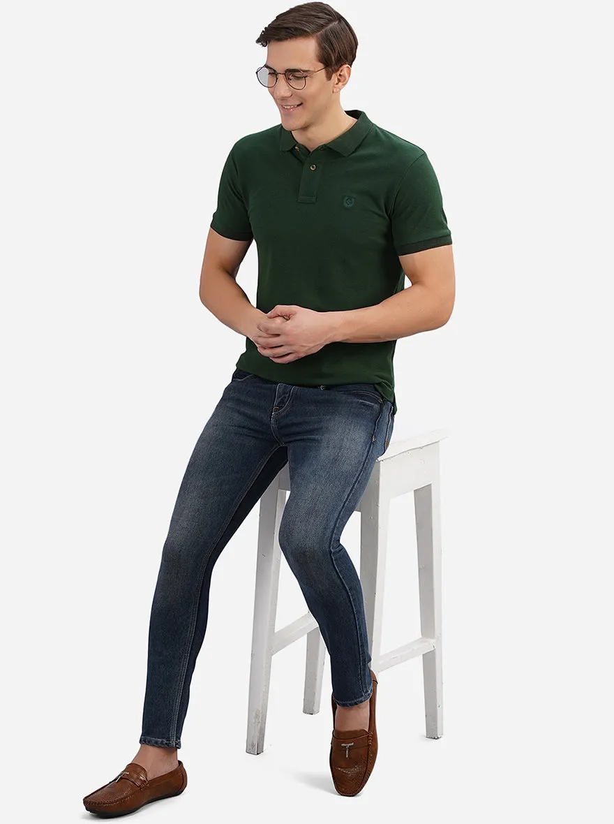 Dark Green Solid Slim Fit Polo T-Shirt | Greenfibre