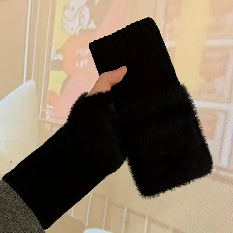 Elegant Plush Knit Fingerless Gloves - Soft, Warm & Stretchy for Autumn/Winter | Women's Fashion Accessory