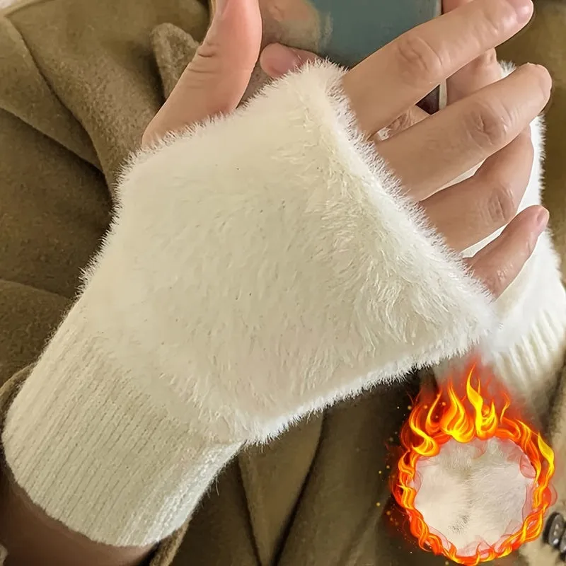 Elegant Plush Knit Fingerless Gloves - Soft, Warm & Stretchy for Autumn/Winter | Women's Fashion Accessory