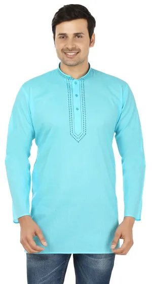 Embroidered Cotton Men's Short Kurta Shirt Indian Clothes (Sky Blue)