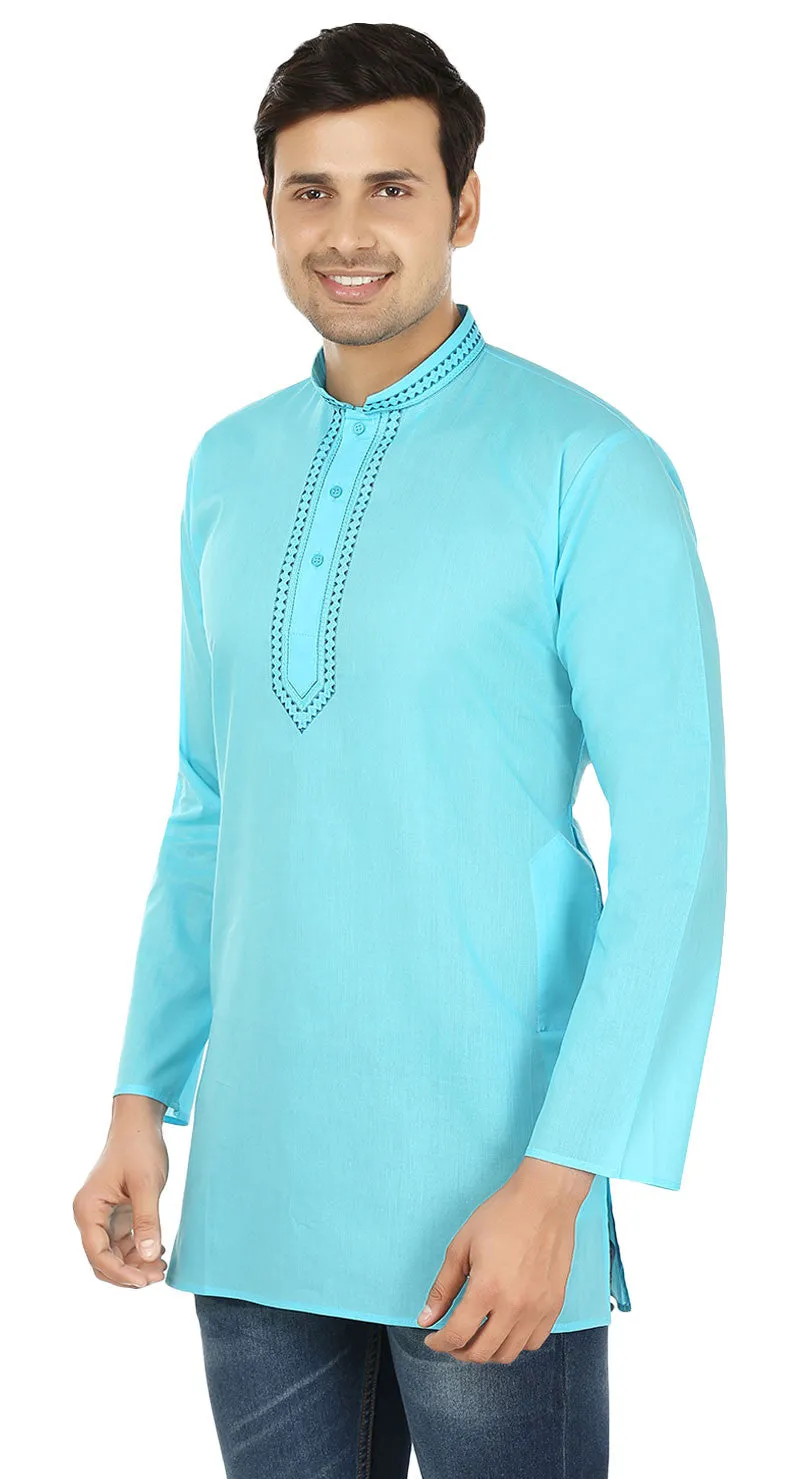 Embroidered Cotton Men's Short Kurta Shirt Indian Clothes (Sky Blue)