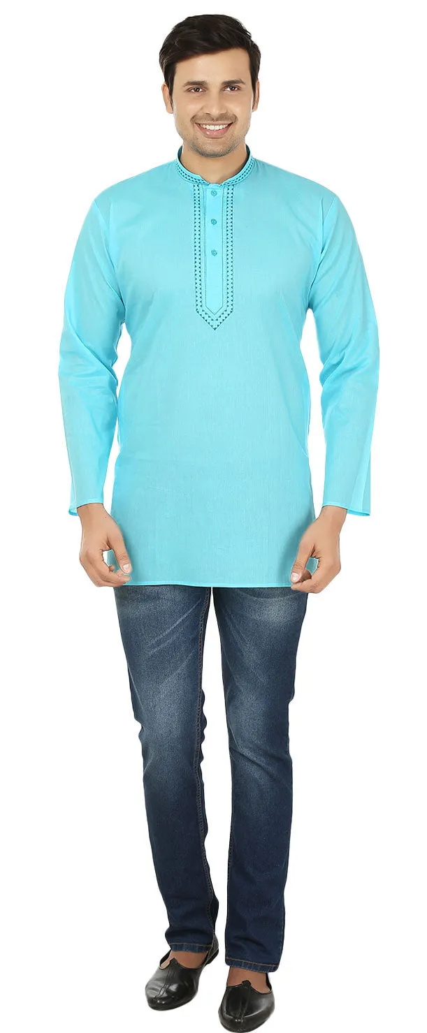 Embroidered Cotton Men's Short Kurta Shirt Indian Clothes (Sky Blue)