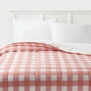 Full/Queen Faux Shearling Microfiber Reversible Comforter Pink/Rust Plaid - Room Essentials