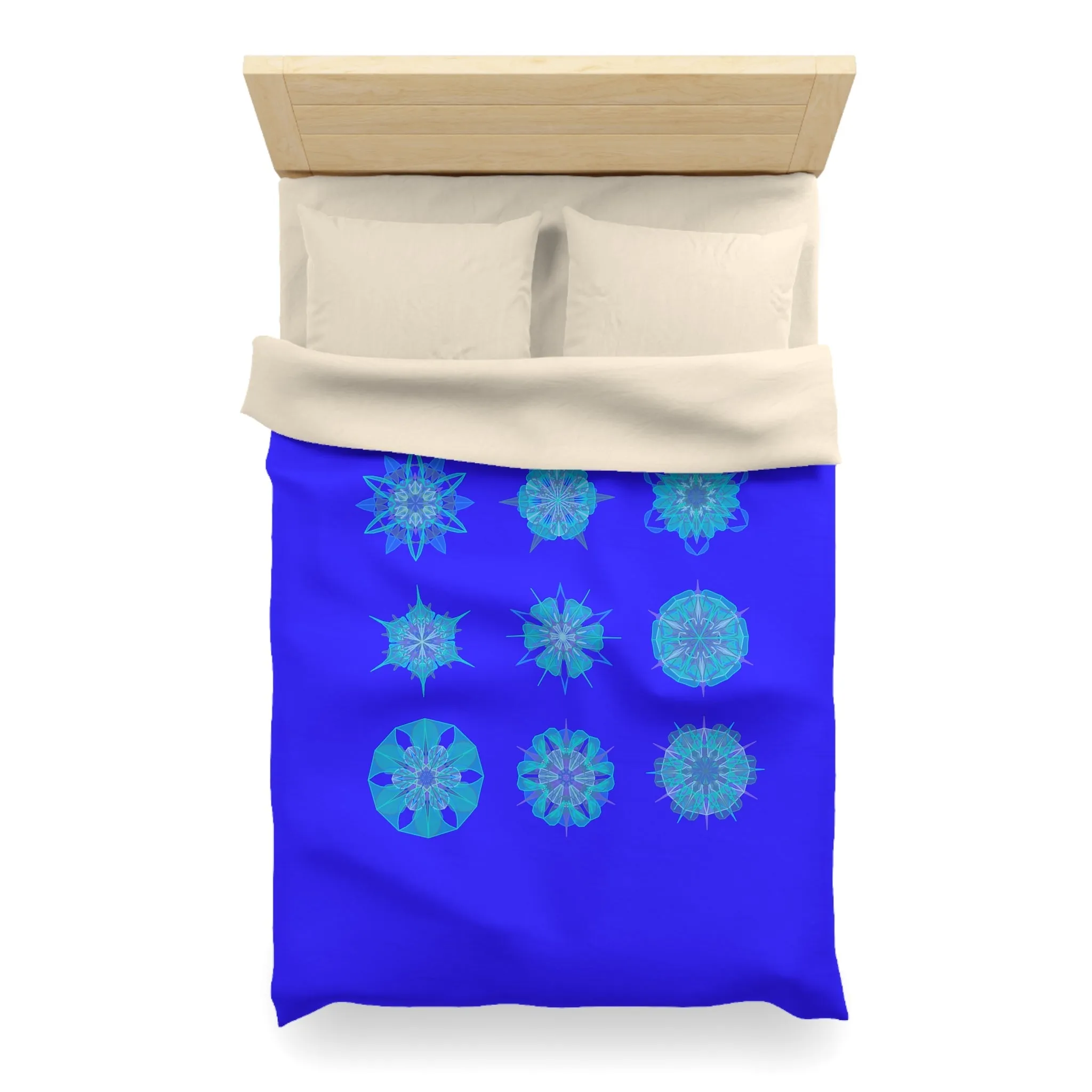 Handmade Mandala Snowflakes Microfiber Duvet Cover - Electric Blue Background