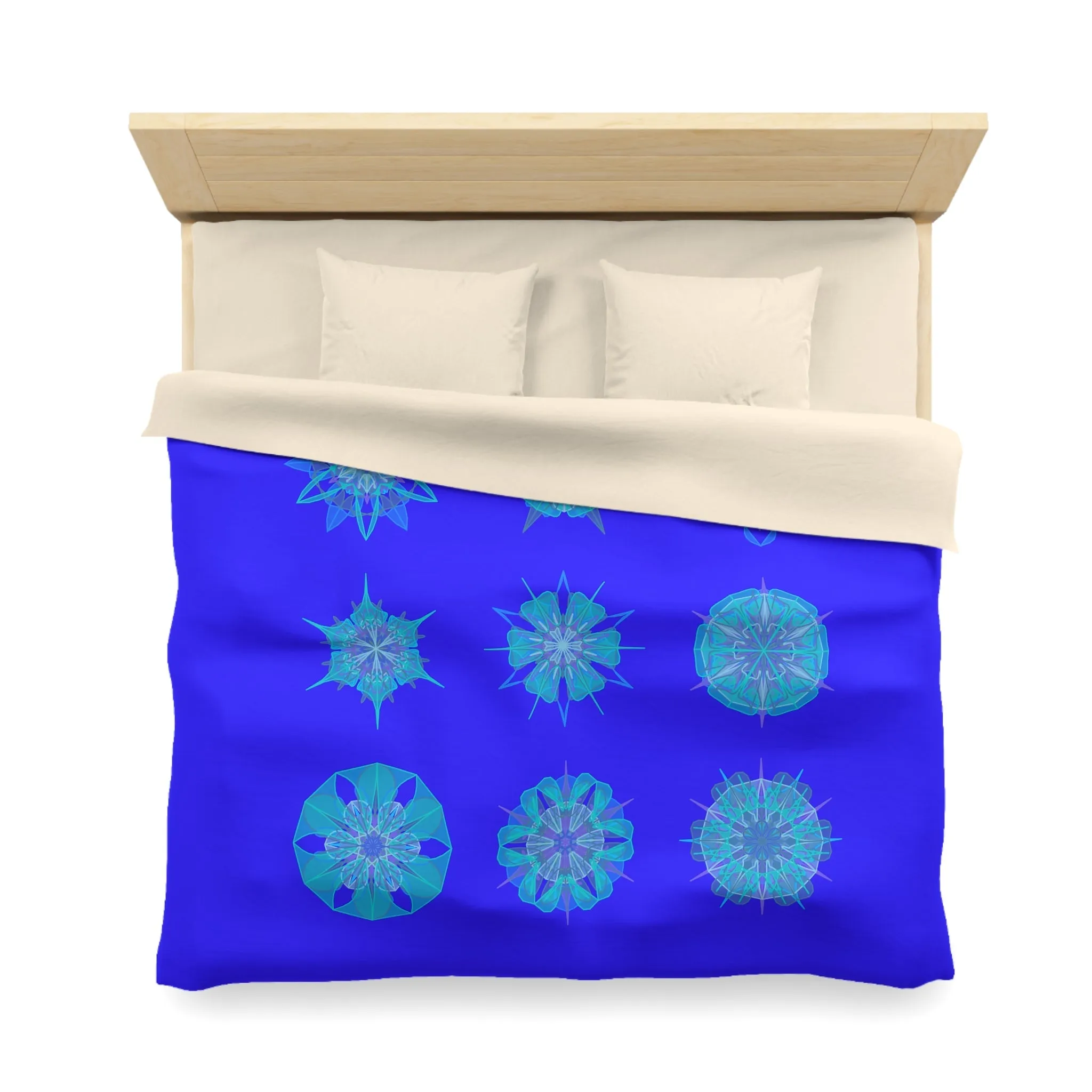 Handmade Mandala Snowflakes Microfiber Duvet Cover - Electric Blue Background