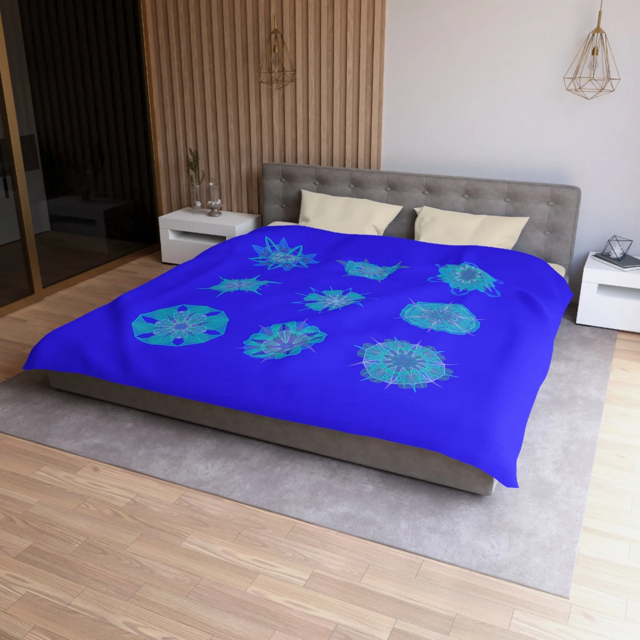 Handmade Mandala Snowflakes Microfiber Duvet Cover - Electric Blue Background