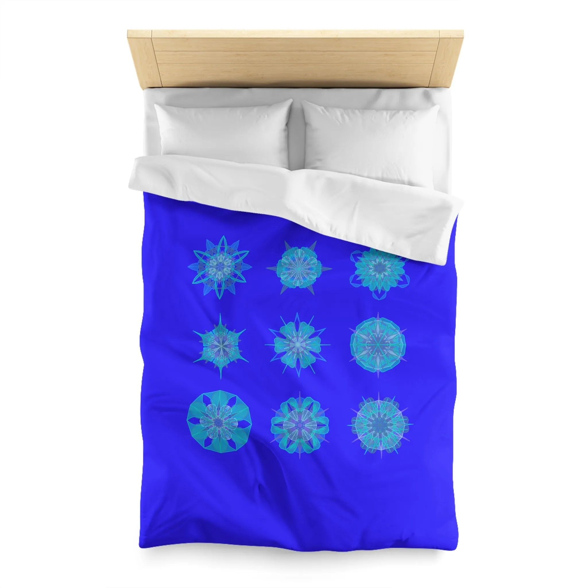 Handmade Mandala Snowflakes Microfiber Duvet Cover - Electric Blue Background