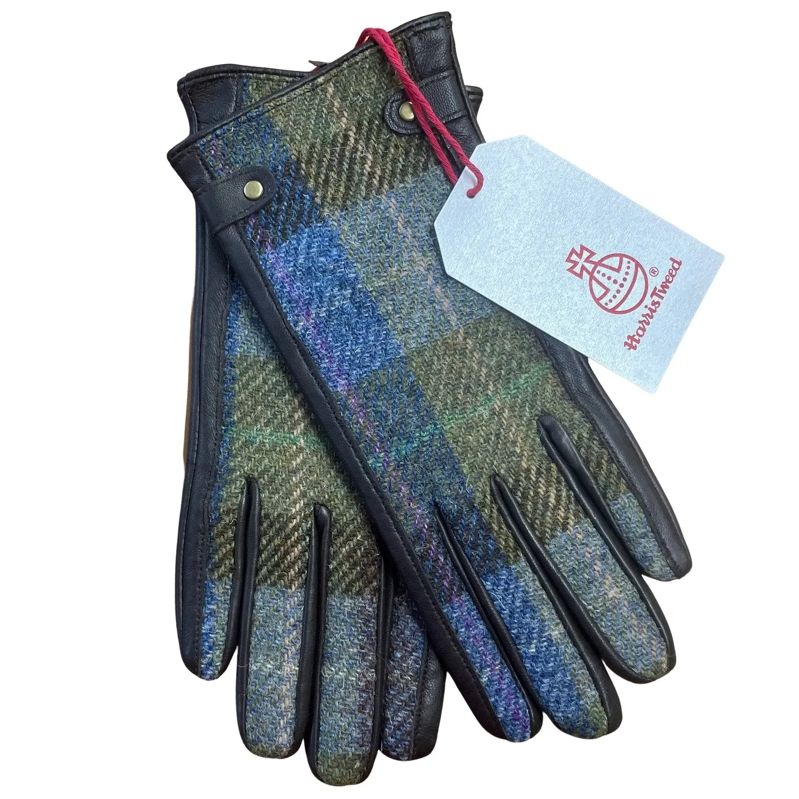 Harris Tweed and Leather Ladies Gloves - Blue/Green Check