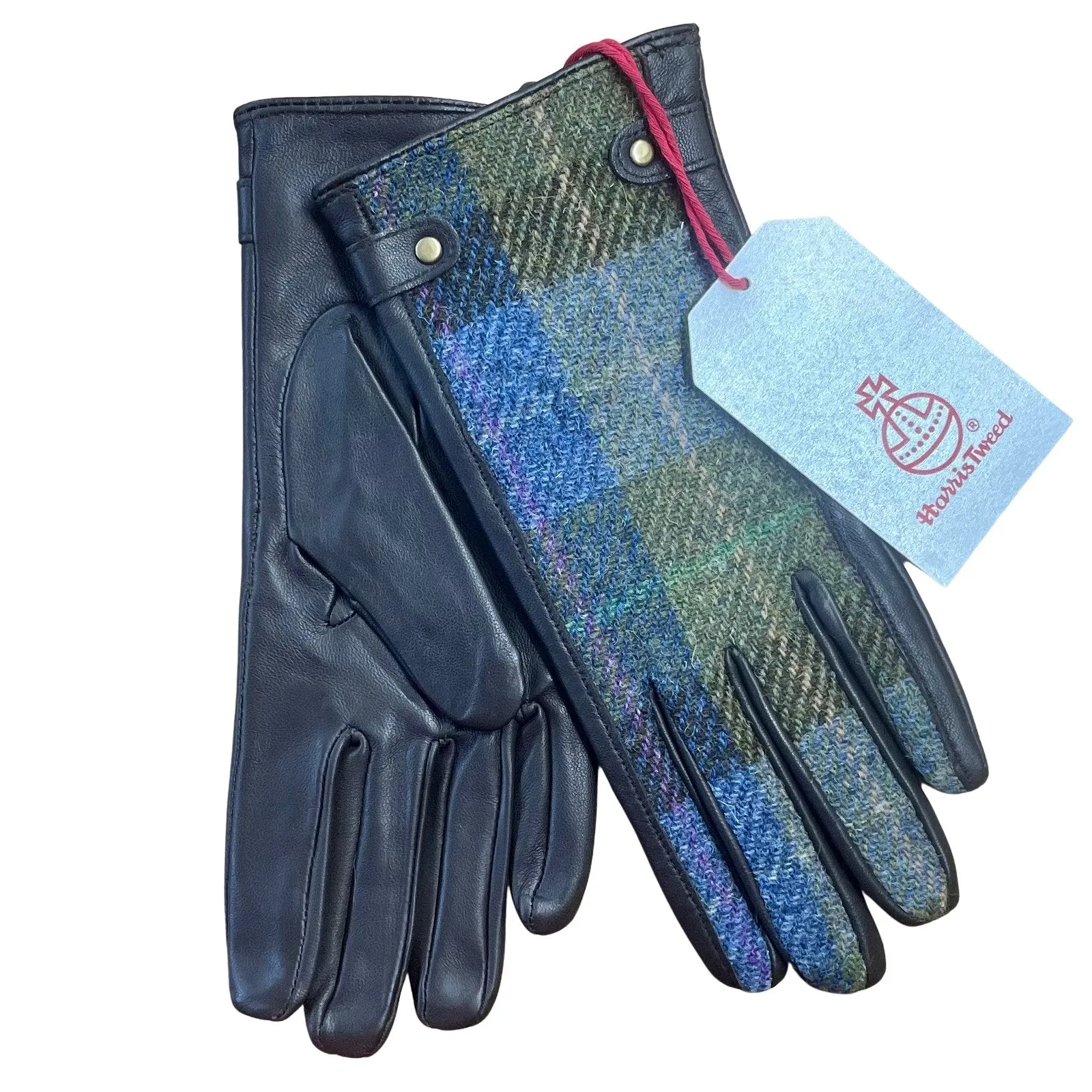 Harris Tweed and Leather Ladies Gloves - Blue/Green Check