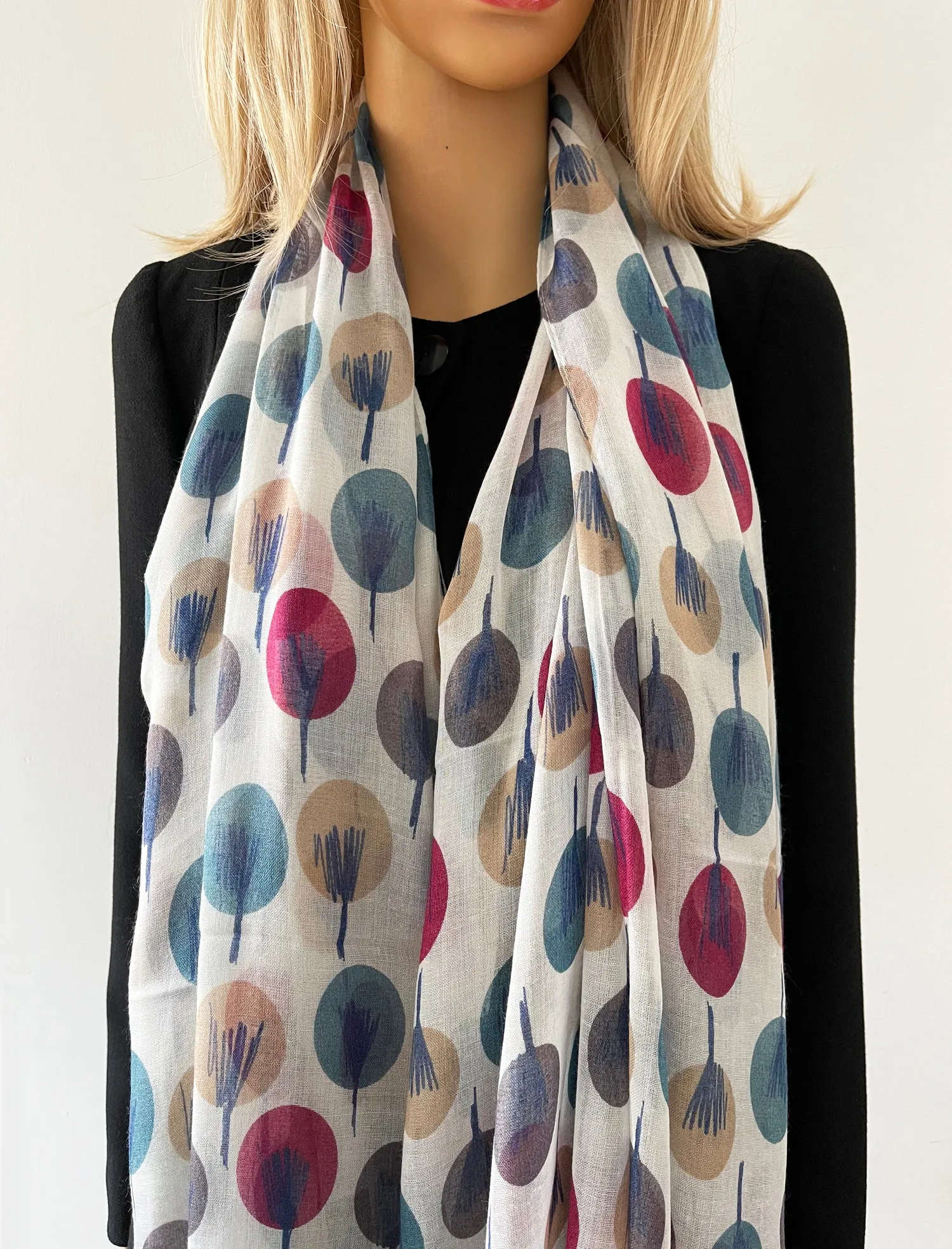 LIGHTWEIGHT WHITE SKETCHED TREES SHEER NECK SCARF