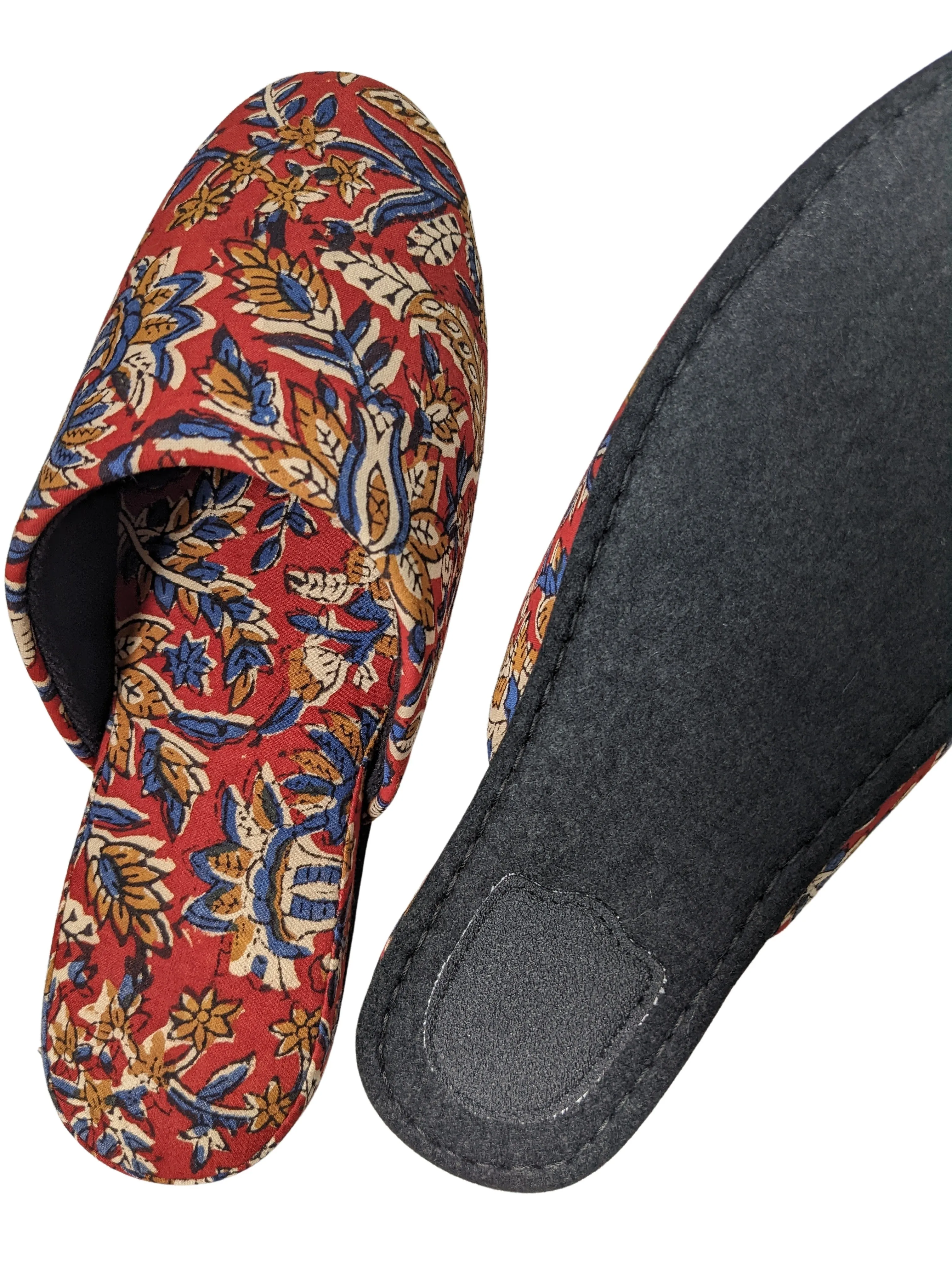 Medium Block Printing Flowers Mix Slippers [Black wool felt soles] MF2207 [Size Medium]