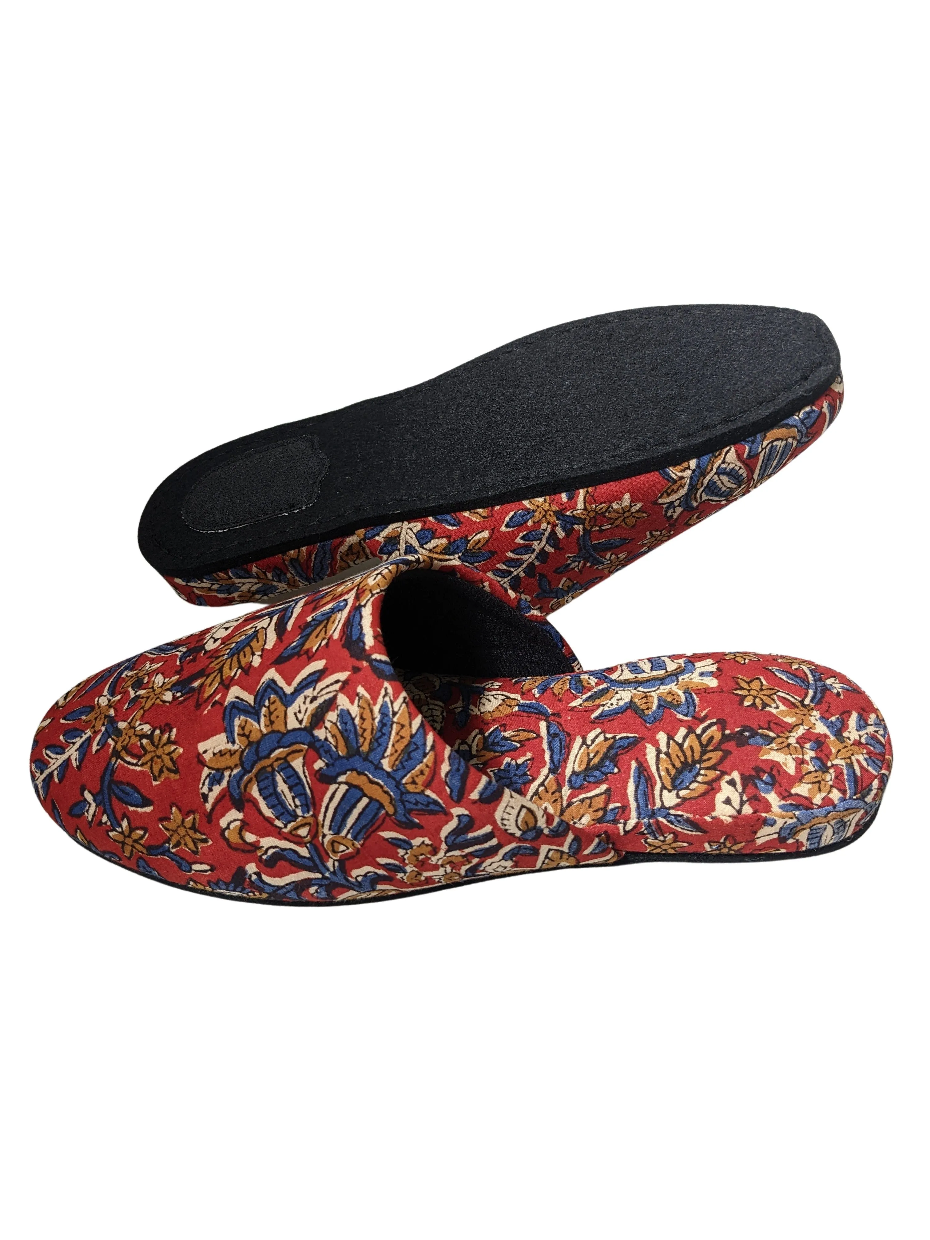 Medium Block Printing Flowers Mix Slippers [Black wool felt soles] MF2207 [Size Medium]