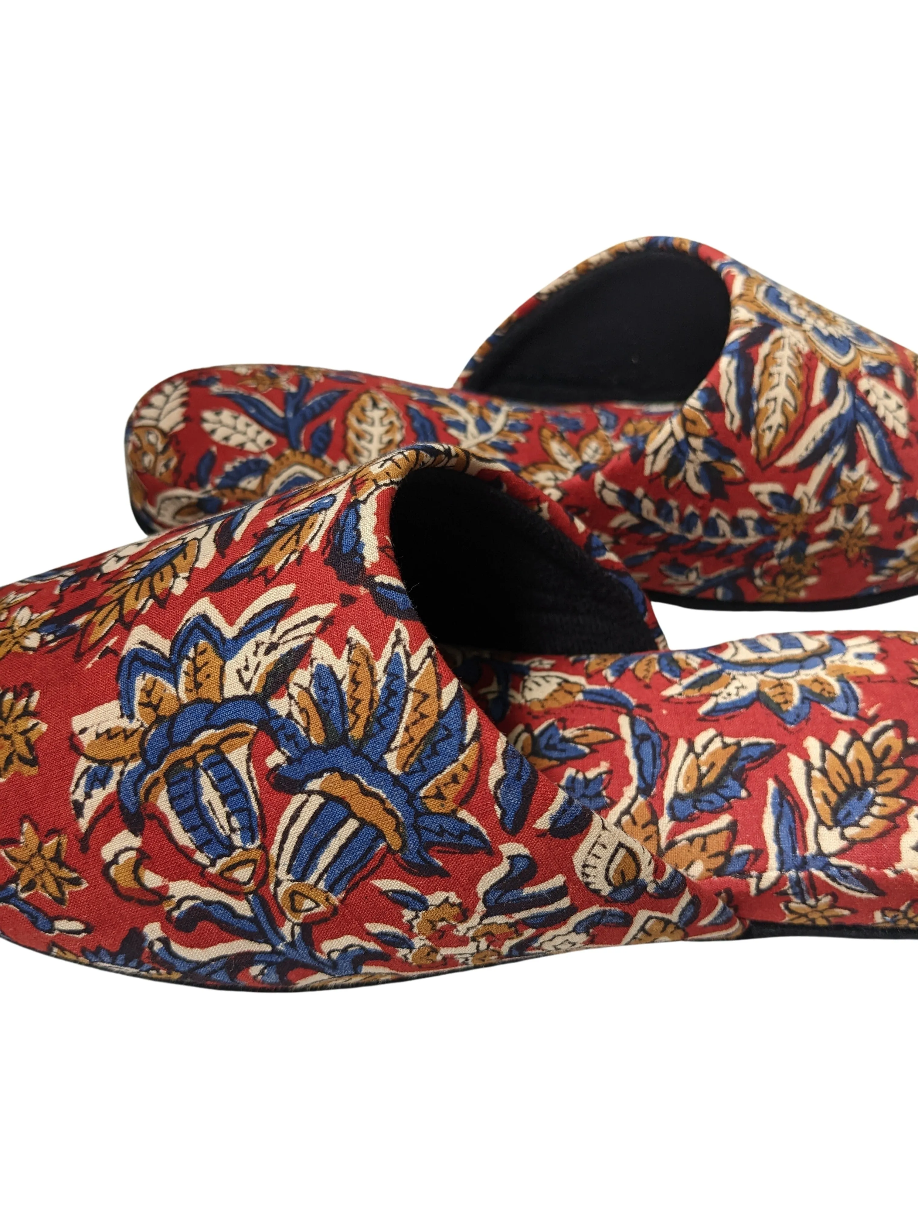 Medium Block Printing Flowers Mix Slippers [Black wool felt soles] MF2207 [Size Medium]