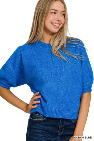 MELANGE PUFF SHORT SLEEVE ROUND NECK SWEATER