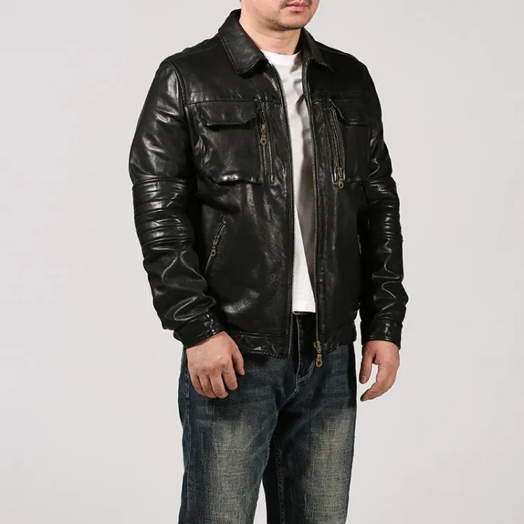 Men's Genuine Sheepskin Leather Multi-Pocket Moto Biker Jacket