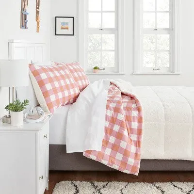 New - Room Essentials Faux Shearling Comforter Sherpa, Pink/Rust Plaid, Full/Queen