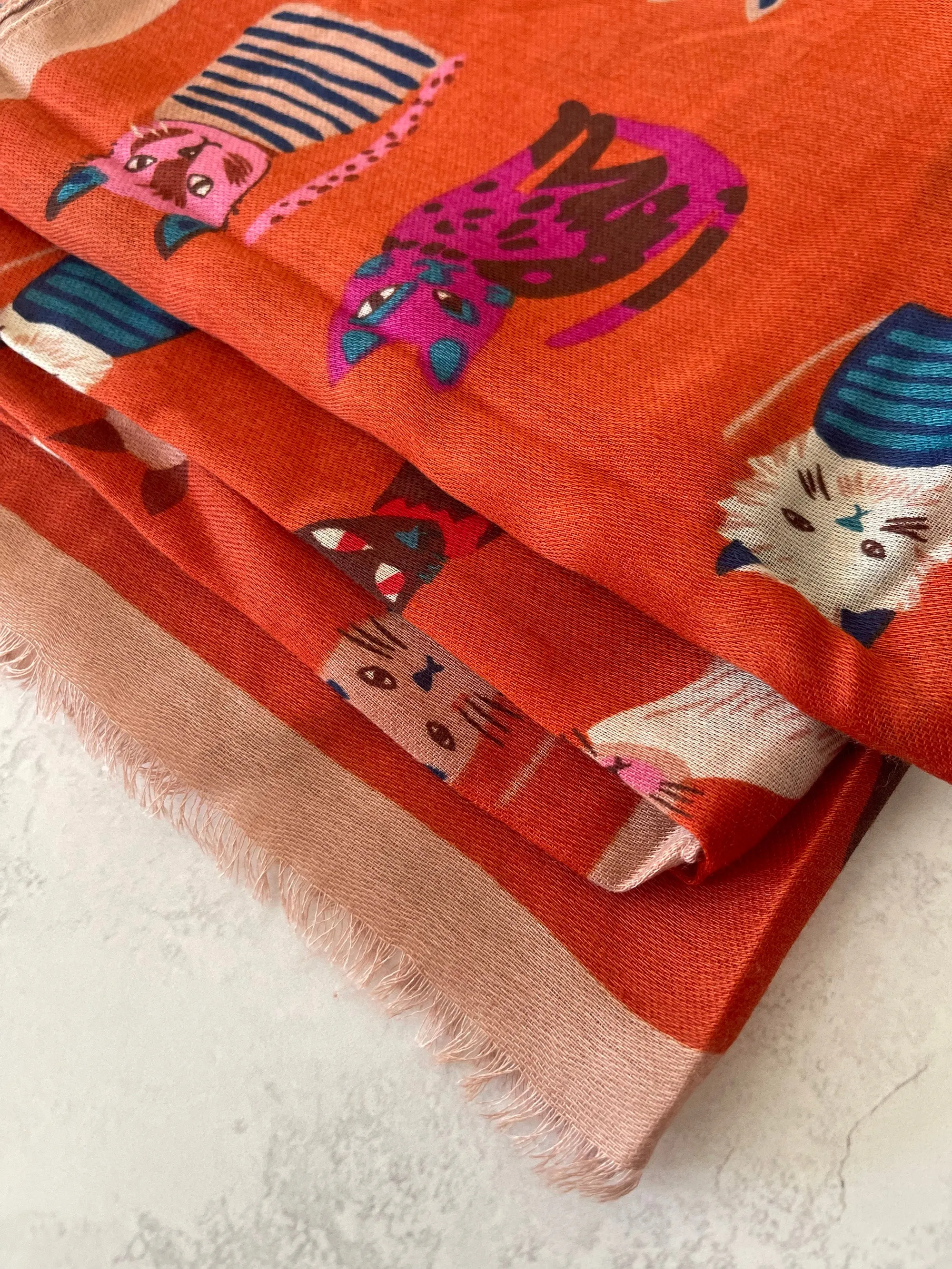 ORANGE RUST COTTON BLEND CAT PRINT LIGHTWEIGHT SCARF