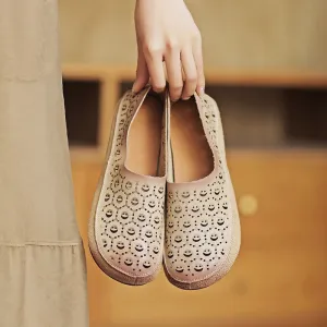 Retro Soft Leather Flat Slip on Loafers for Women Perforated Handmade in Beige/Brown