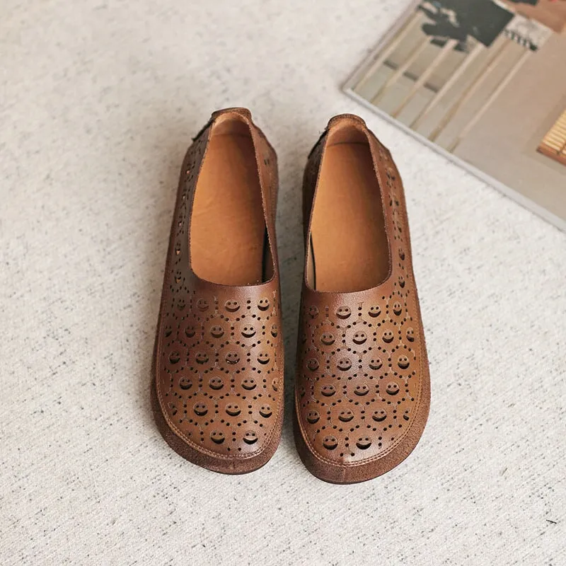 Retro Soft Leather Flat Slip on Loafers for Women Perforated Handmade in Beige/Brown