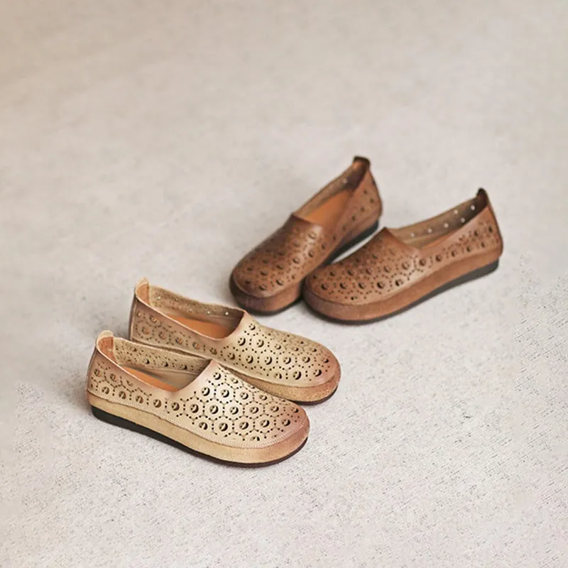 Retro Soft Leather Flat Slip on Loafers for Women Perforated Handmade in Beige/Brown