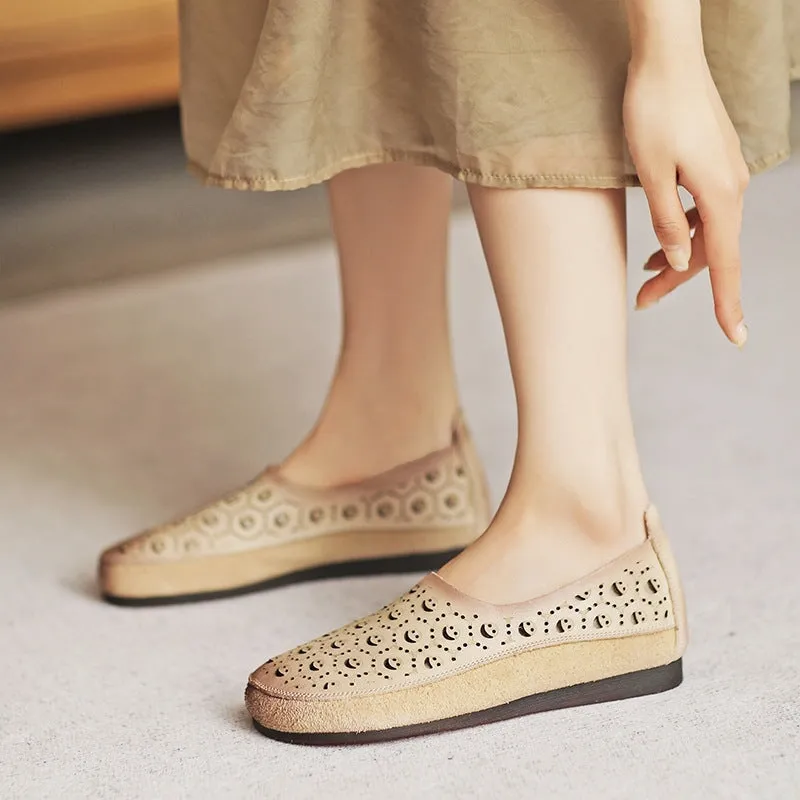 Retro Soft Leather Flat Slip on Loafers for Women Perforated Handmade in Beige/Brown