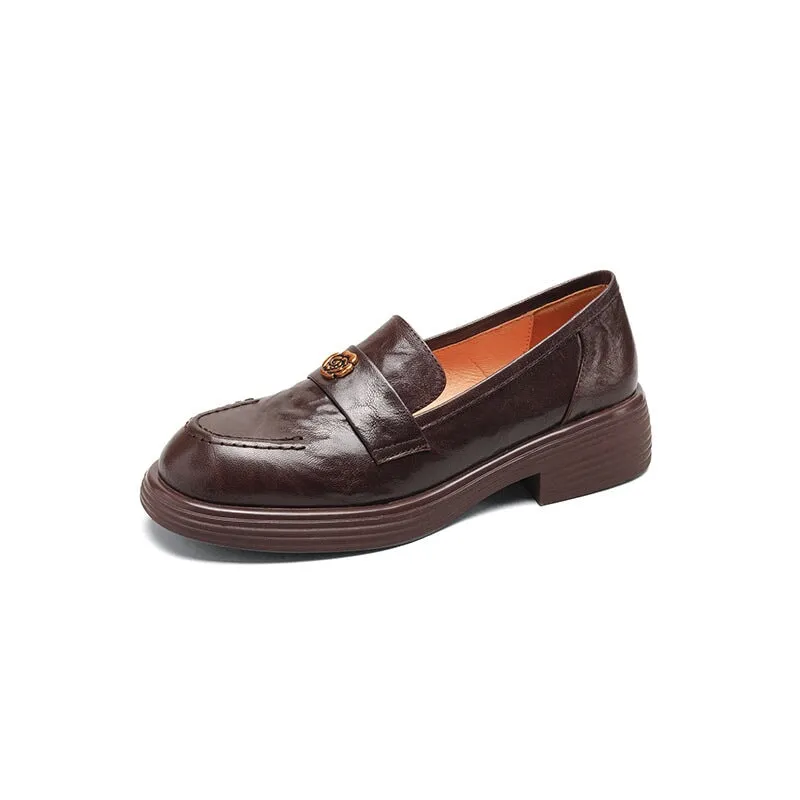 Sheepskin Square Toe Penny Loafers for Women with Metal Camellia in Brown/Black