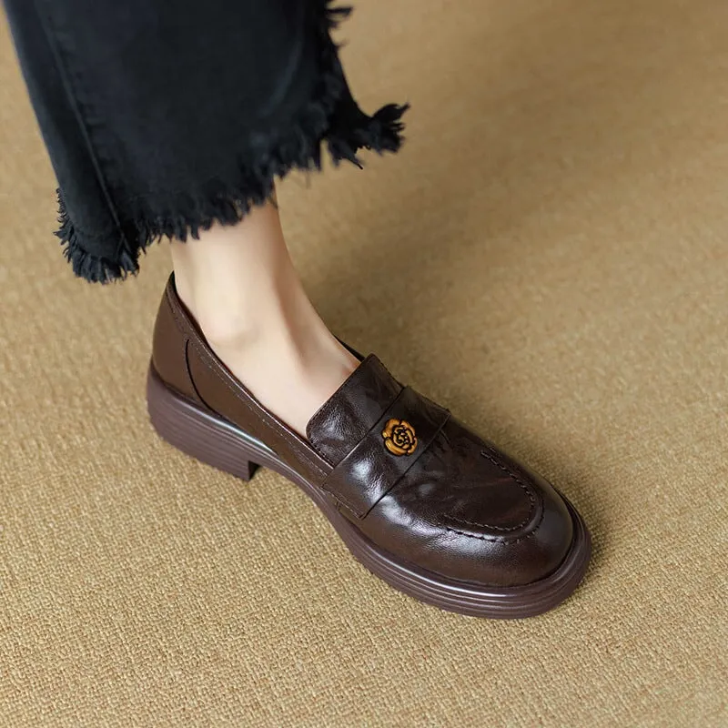 Sheepskin Square Toe Penny Loafers for Women with Metal Camellia in Brown/Black