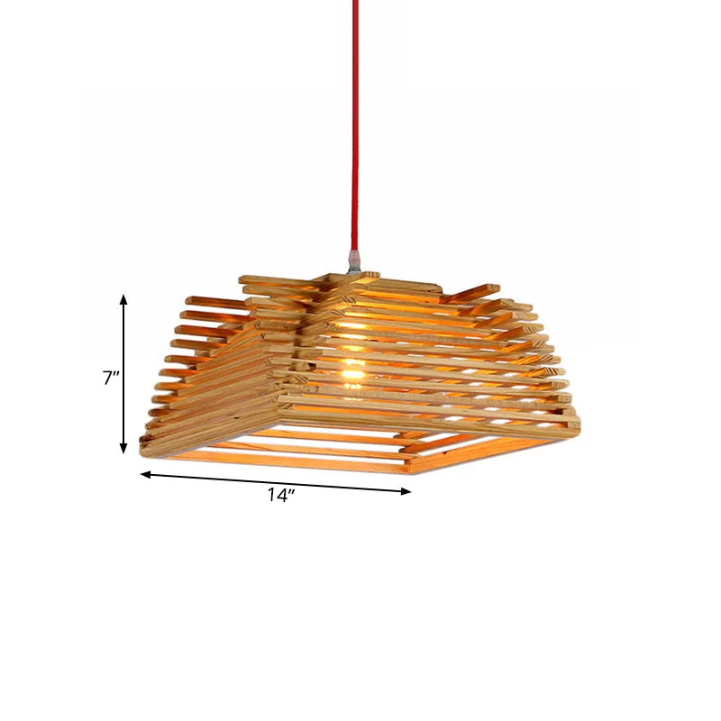 Square Wooden Pendant Light - Asian Style Hanging Lamp with Adjustable Cord for Living Room Décor