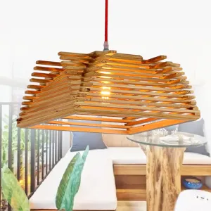 Square Wooden Pendant Light - Asian Style Hanging Lamp with Adjustable Cord for Living Room Décor