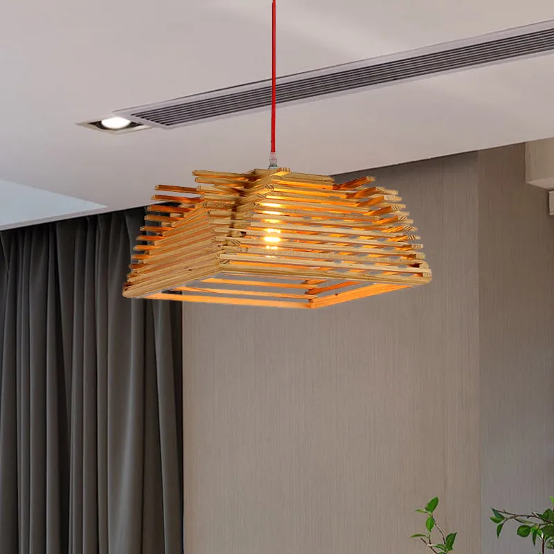 Square Wooden Pendant Light - Asian Style Hanging Lamp with Adjustable Cord for Living Room Décor