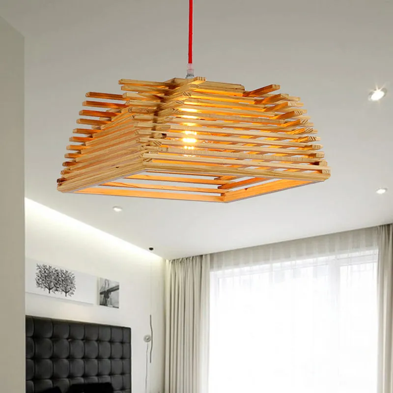 Square Wooden Pendant Light - Asian Style Hanging Lamp with Adjustable Cord for Living Room Décor