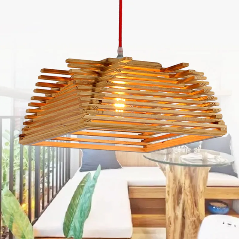 Square Wooden Pendant Light - Asian Style Hanging Lamp with Adjustable Cord for Living Room Décor