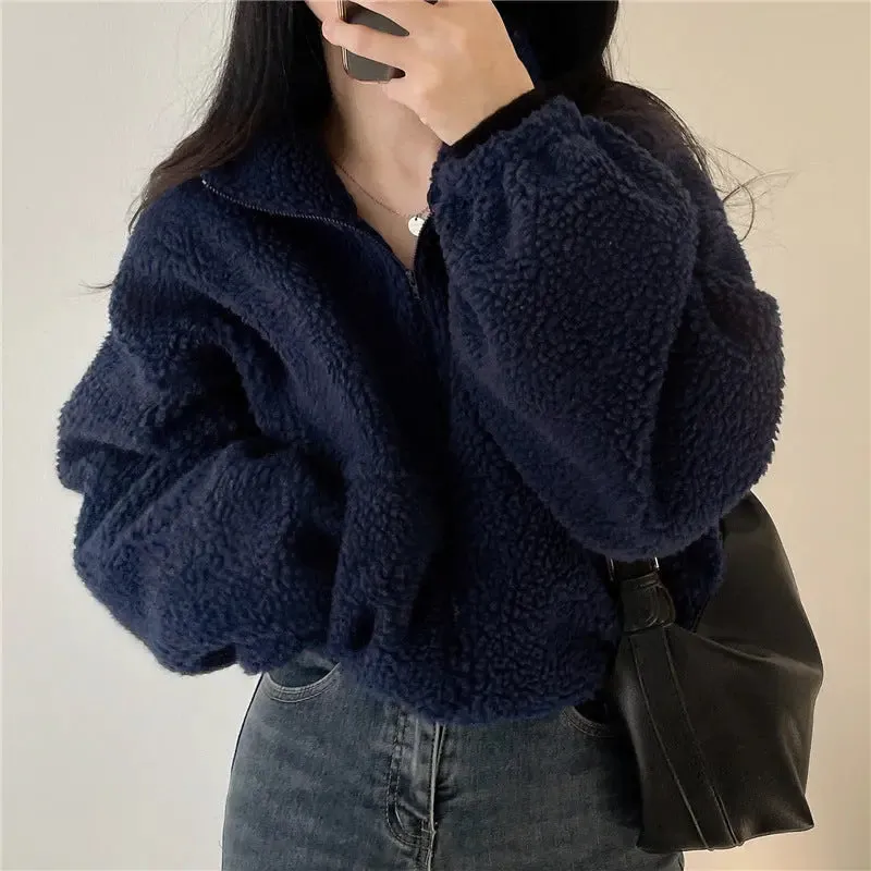 Stand-up Collar Thermal Faux Lamb Fur Sweater