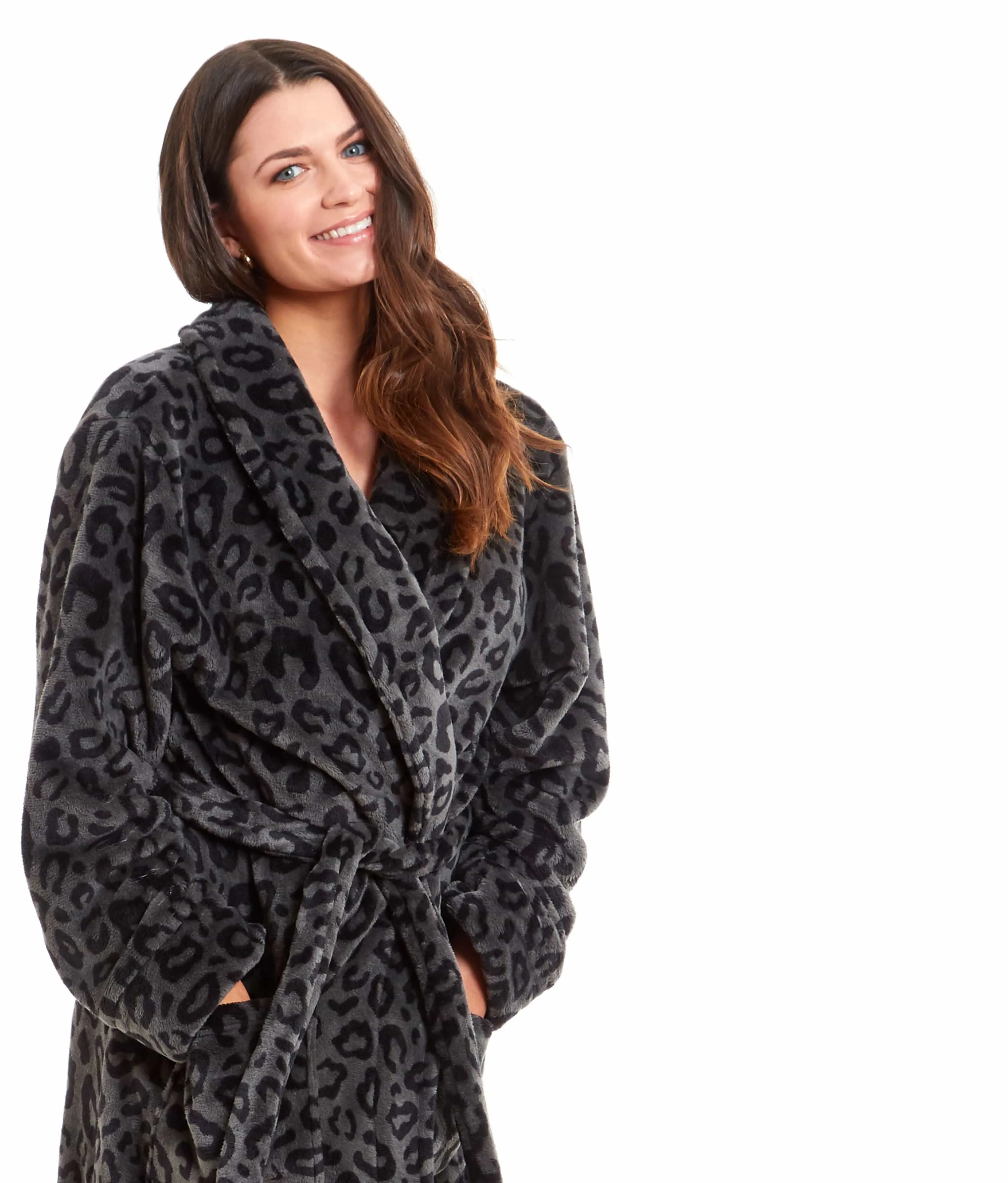 Women's Black Leopard Print Plush Fleece Long Robe with Shawl Collar and Pockets Cozy Loungewear Nightwear by Daisy Dreamer