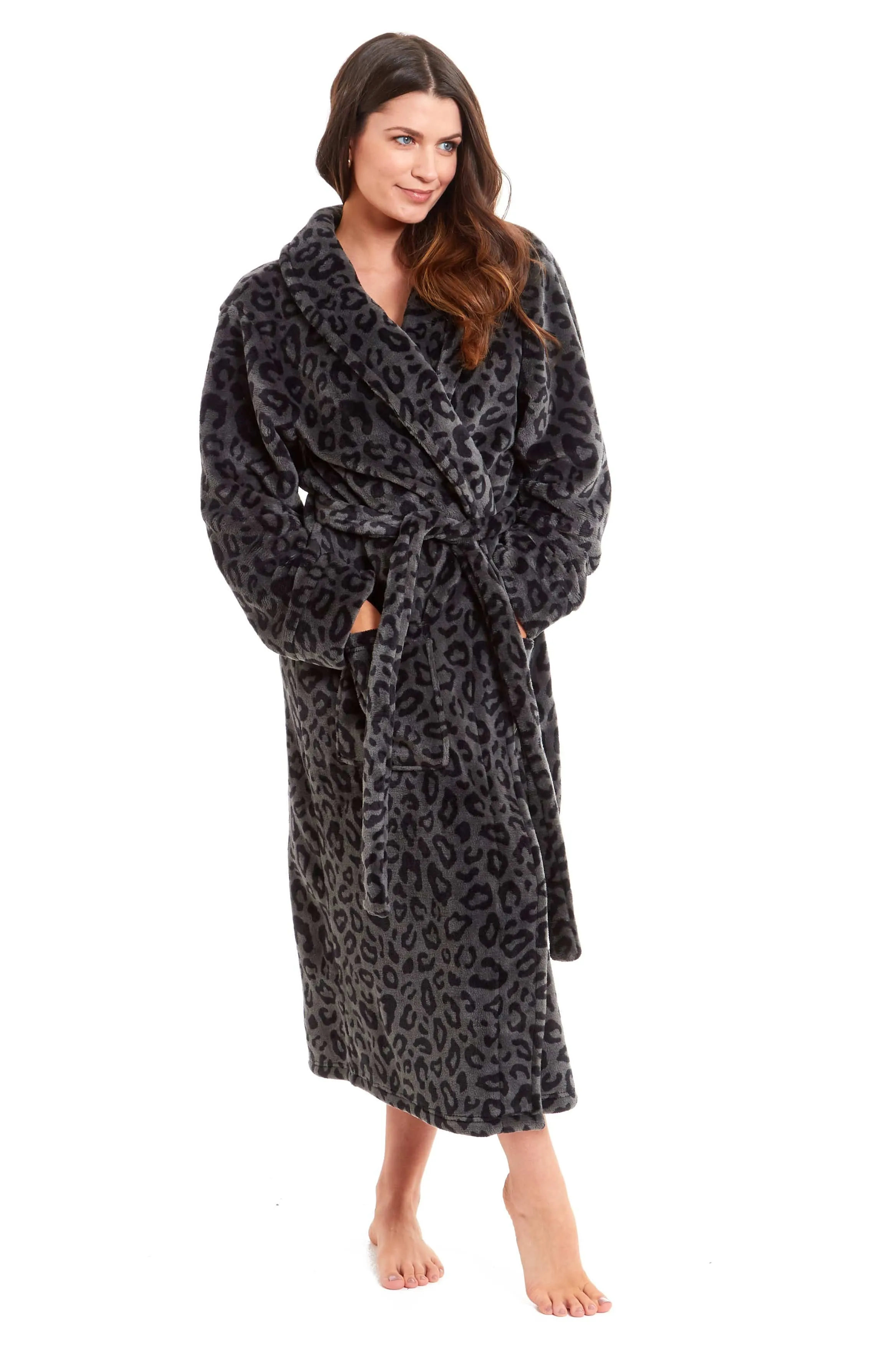 Women's Black Leopard Print Plush Fleece Long Robe with Shawl Collar and Pockets Cozy Loungewear Nightwear by Daisy Dreamer