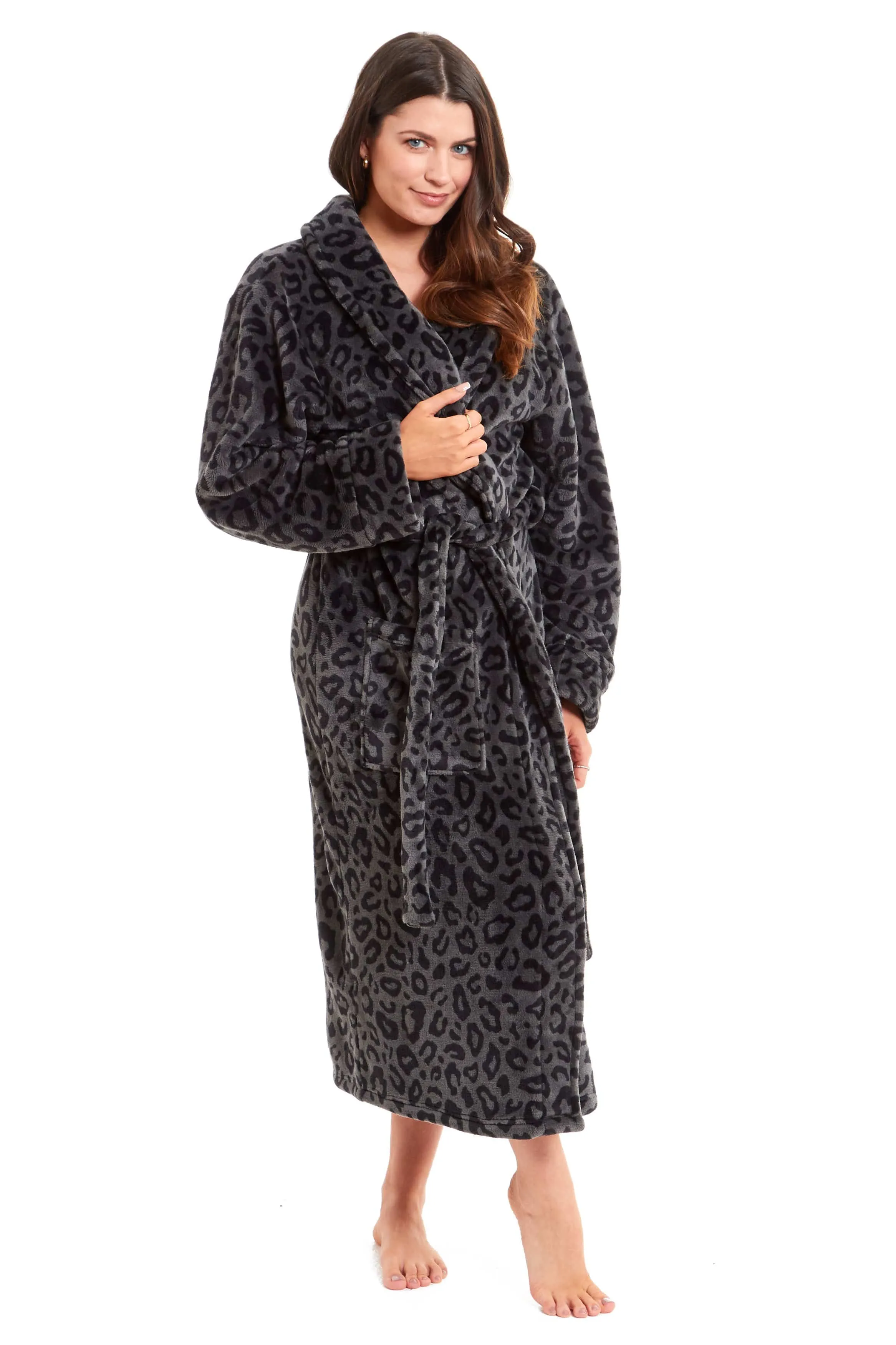 Women's Black Leopard Print Plush Fleece Long Robe with Shawl Collar and Pockets Cozy Loungewear Nightwear by Daisy Dreamer