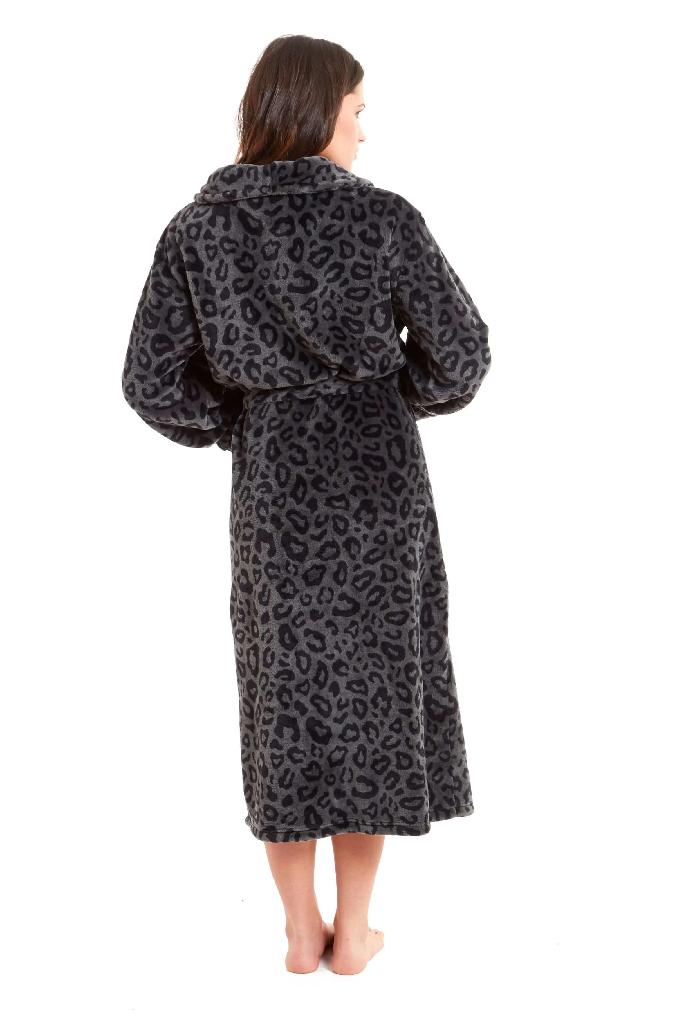 Women's Black Leopard Print Plush Fleece Long Robe with Shawl Collar and Pockets Cozy Loungewear Nightwear by Daisy Dreamer