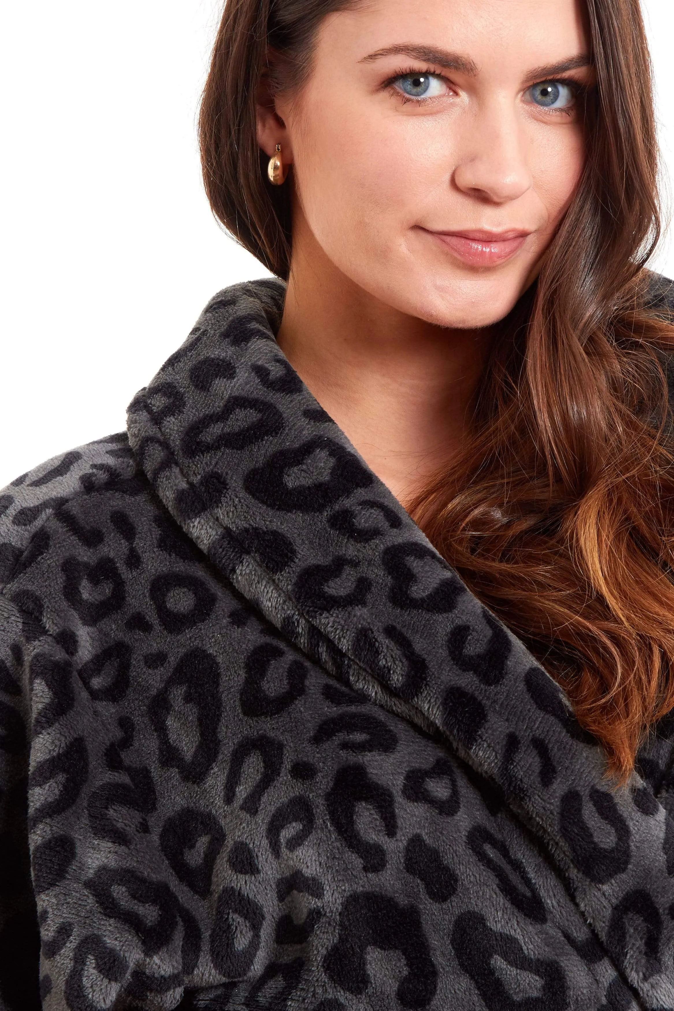 Women's Black Leopard Print Plush Fleece Long Robe with Shawl Collar and Pockets Cozy Loungewear Nightwear by Daisy Dreamer