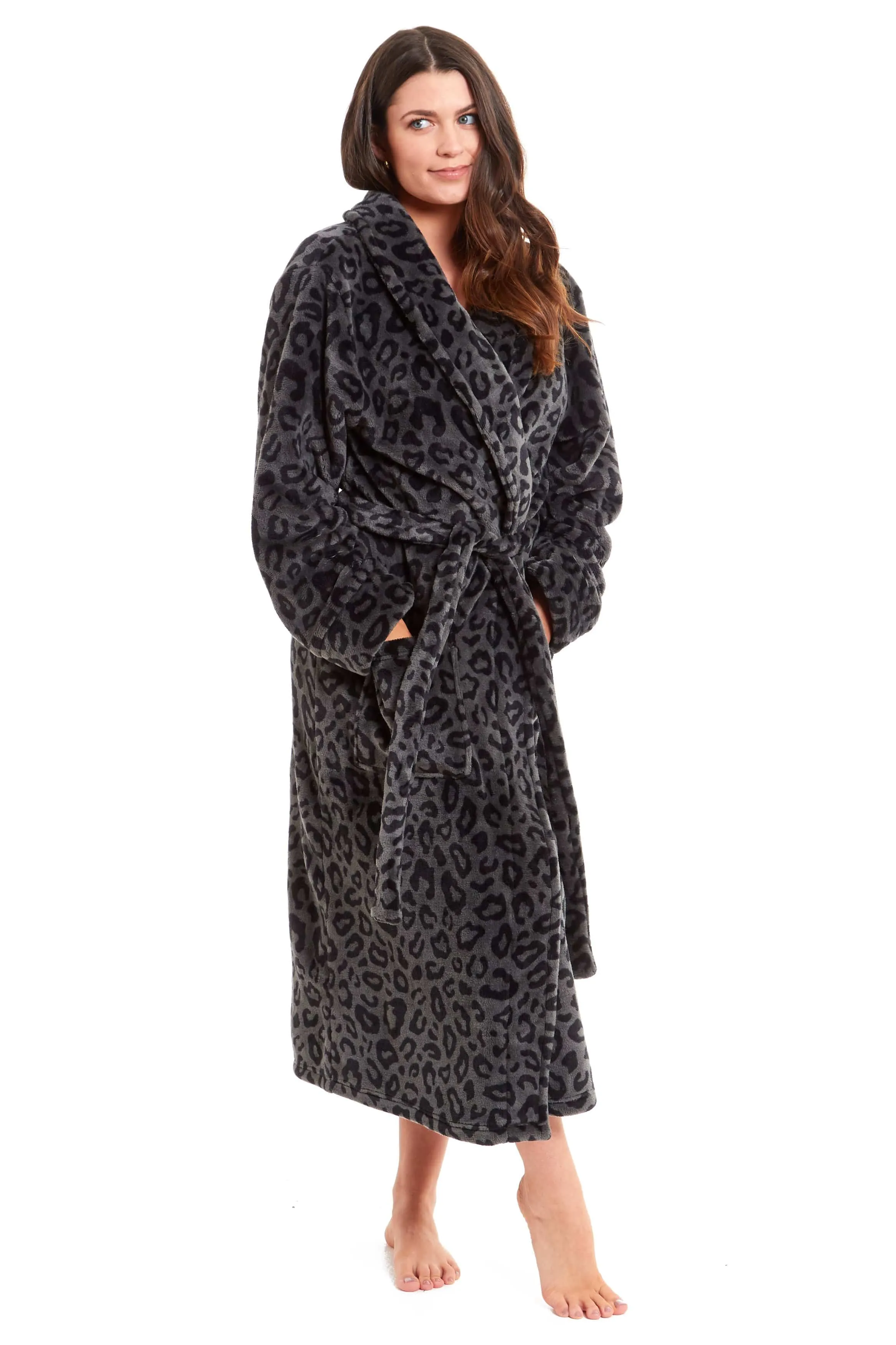 Women's Black Leopard Print Plush Fleece Long Robe with Shawl Collar and Pockets Cozy Loungewear Nightwear by Daisy Dreamer